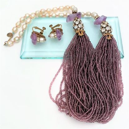 Picture of 1950'S Miriam Haskell Necklace & Earring Set With Glass Pearls, Seed Beads, Amethysts & Clear Rhinestones