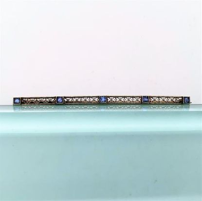 Picture of Art Deco Era 14K Yellow Gold Filigree & Blue Stone (Sapphire?) Bar Brooch