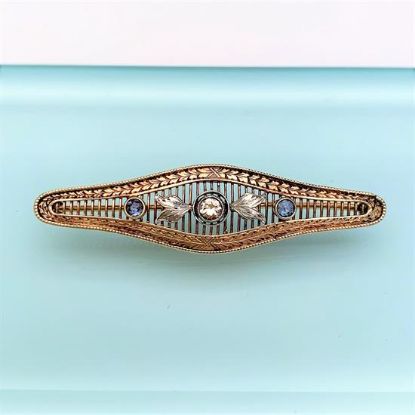 Picture of Edwardian Era 14K Yellow & White Gold, Old European Cut Diamond & Montana Sapphire Bar Brooch