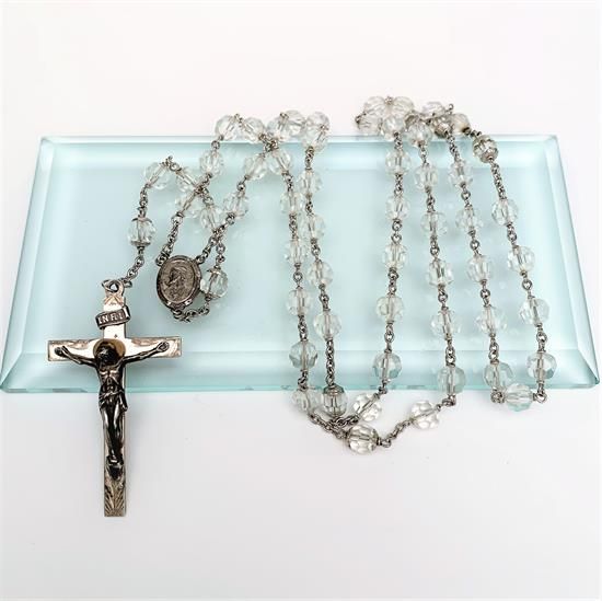 Picture of Antique Sterling Silver, Cut Rock Crystal & 14K Gold (Tested) Rosary By Hmh