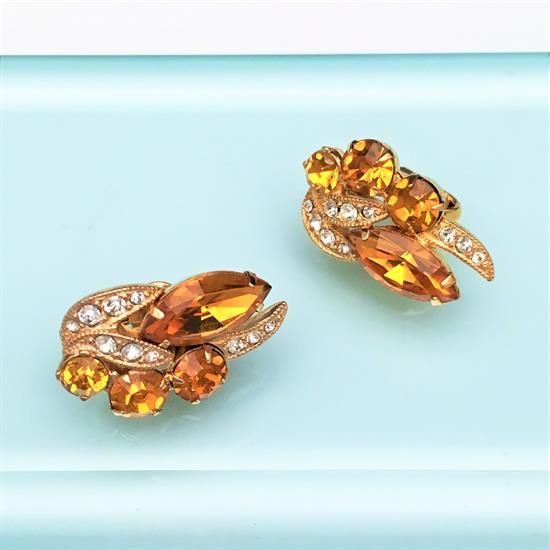 Picture of 1940'S Eisenberg Amber & Clear Rhinestone In Gold Tone Metal Clip-On Earrings