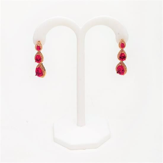 Picture of Ruby Red & Clear CZ 3-tiered Teardrop Earrings. 1.25" Long