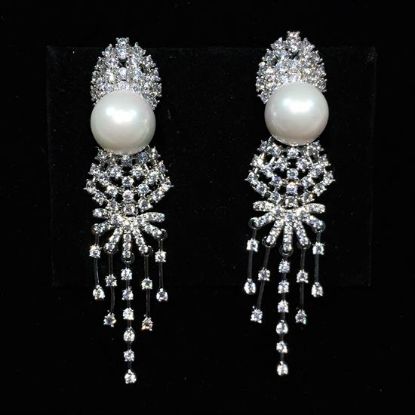 Picture of Long Clear Cz & Faux Pearl Post Back Earrings With Dangles. 2.25" Long, .55" Wide