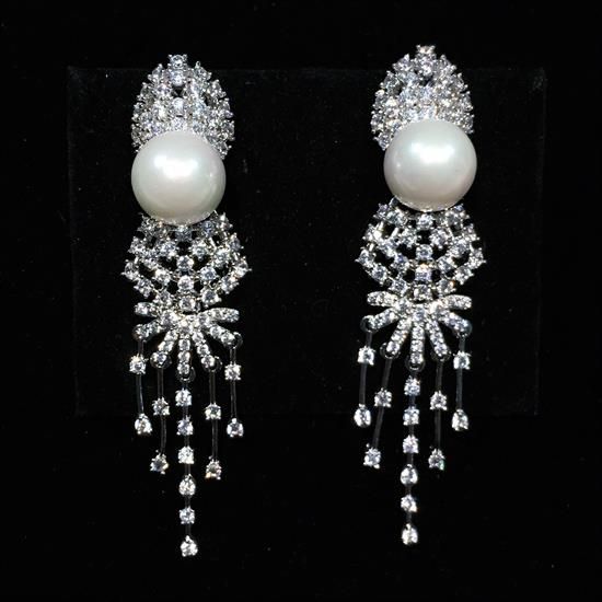 Picture of Long Clear Cz & Faux Pearl Post Back Earrings With Dangles. 2.25" Long, .55" Wide