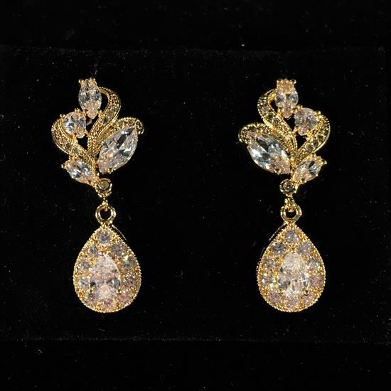 Picture of Clear Cz & Gold Stylized Teardrop Post Back Earrings. 1.2" Long