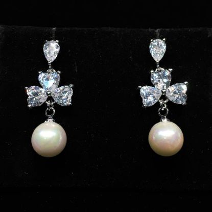 Picture of Clear Cz Hearts & Faux Pearls Post Back Dangle Earrings. 1.1" Long, .4" Wide