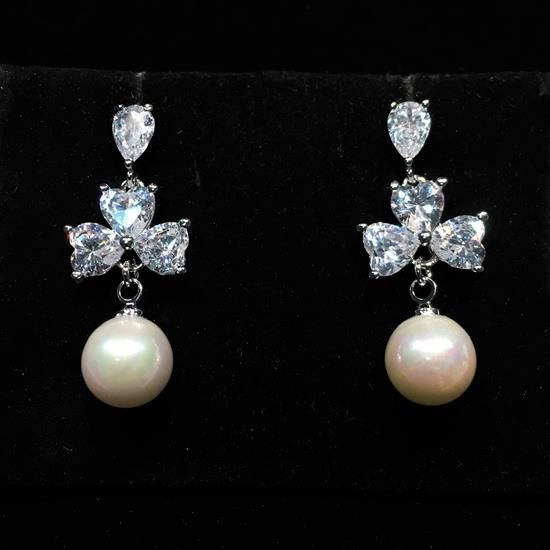 Picture of Clear Cz Hearts & Faux Pearls Post Back Dangle Earrings. 1.1" Long, .4" Wide