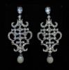 Picture of Clear Cz Oriental Shaped Dangle Earrings With Faux Pearl Drops & Post Backs. 2" Long, .8" Wide