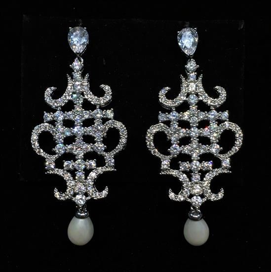 Picture of Clear Cz Oriental Shaped Dangle Earrings With Faux Pearl Drops & Post Backs. 2" Long, .8" Wide
