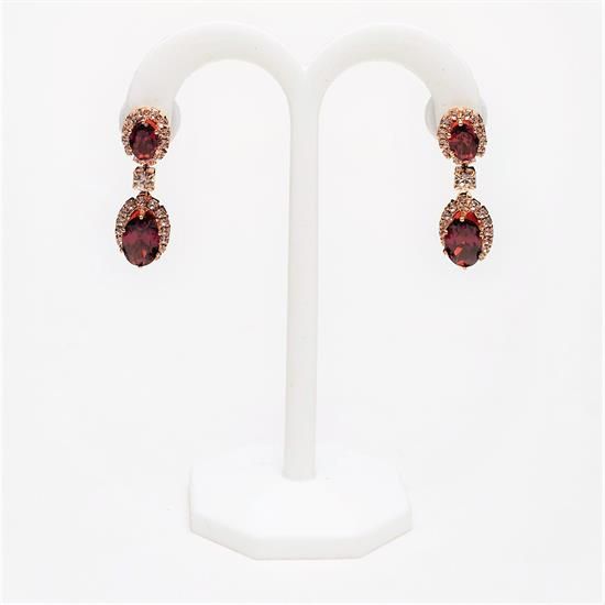 Picture of Garnet Red & Clear Cz Oval Cut Drop Earrings. 1.5" Long