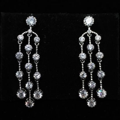 Picture of Clear Cz Triple Strand Dangle Post Back Earrings. 1.65" Long