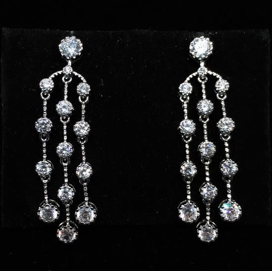 Picture of Clear Cz Triple Strand Dangle Post Back Earrings. 1.65" Long