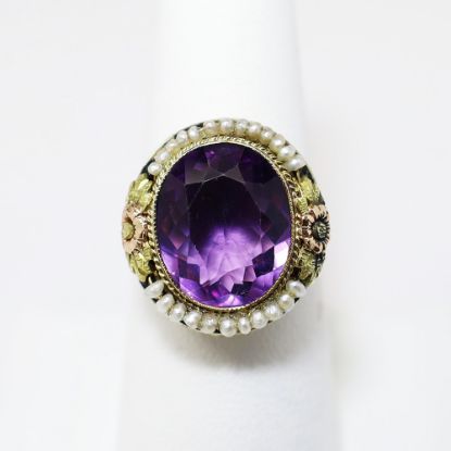 Picture of Stunning Art Deco Era 14k Rose & Yellow Gold, Amethyst, Seed Pearl & Black Enamel Ring