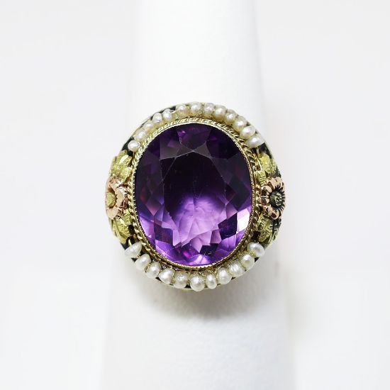 Picture of Stunning Art Deco Era 14k Rose & Yellow Gold, Amethyst, Seed Pearl & Black Enamel Ring