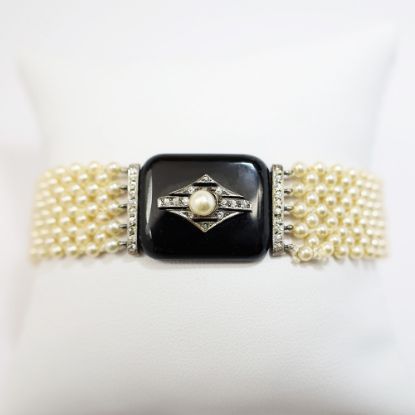 Picture of Art Deco Era French .900 Silver, Black Onyx, Paste & Woven Faux Pearl Bracelet