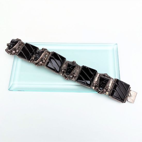 Picture of Vintage Taxco Sterling Silver & Carved Black Onyx Aztec Warrior Mask Bracelet 