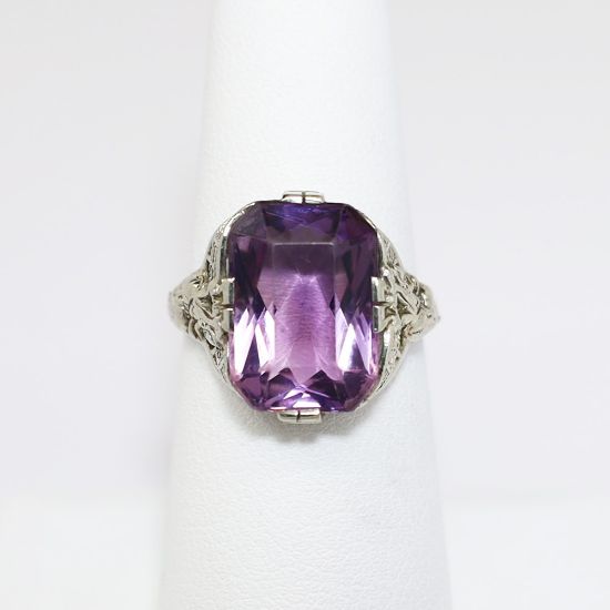 Picture of Antique Art Deco Era 14k White Gold Filigree & Amethyst Ring with Dolphin Motif on Shank