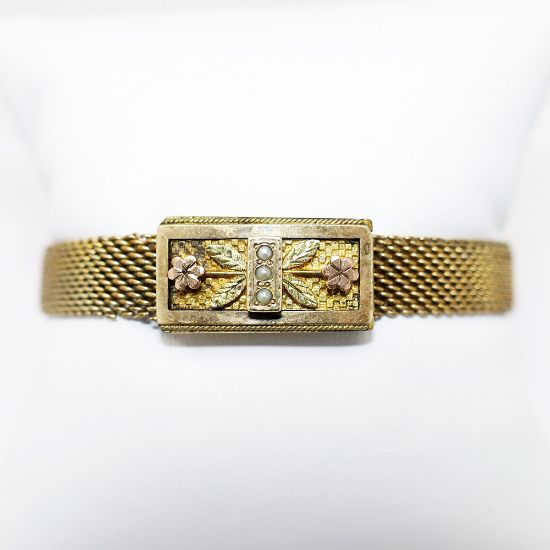 Picture of Antique Victorian Era Rose & Yellow Gold Filled Woven Bracelet with Seed Pearl Accents