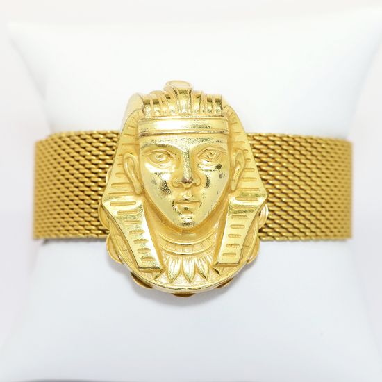 Picture of Vintage Miriam Haskell Gilt Brass Egyptian Revival Woven Mesh & Pharaoh Bracelet 