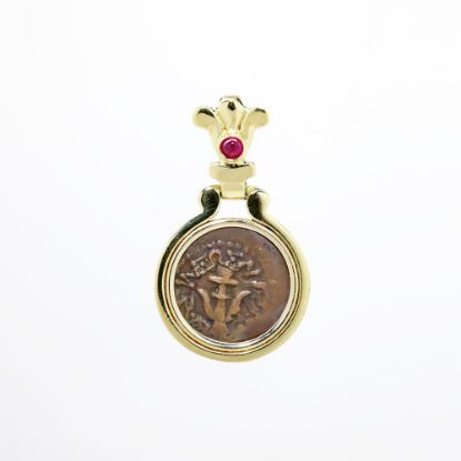 Picture of Widow's Mite Coin Pendant with 18k Yellow Gold & Ruby Bezel