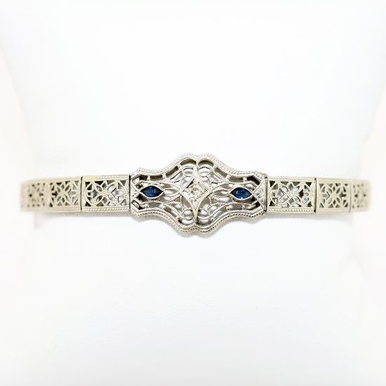 Picture of Art Deco Era 14k White Gold Filigree, Diamond & Synthetic Sapphire Bracelet