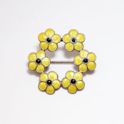 Picture of Vintage MEKA Denmark Sterling Silver with Yellow & Black Guilloche Enamel Flower Wreath Brooch