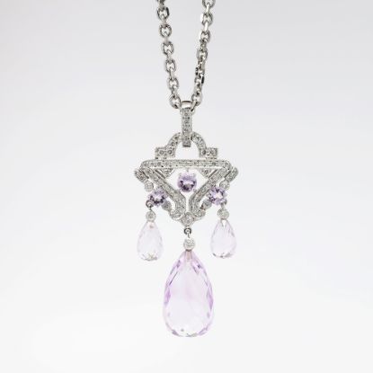 Picture of 18k White Gold, Kunzite & Diamond Briolette Drop Pendant