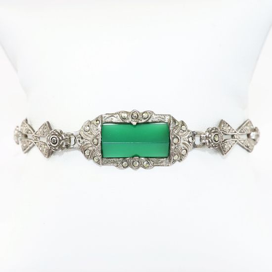 Picture of Vintage Art Deco Ciner Sterling Silver, Marcasite and Chrysoprase Bracelet