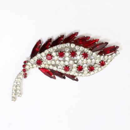 Picture of Vintage Signed Hobé Red & Clear Rhinestone Leaf Brooch