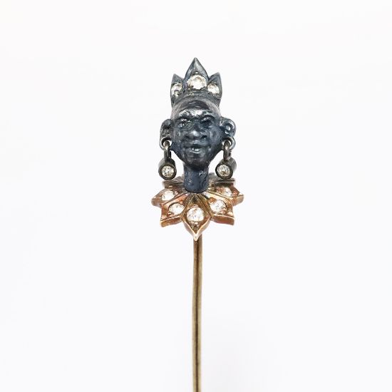 Picture of Rare Victorian Era 14k Gold, Sterling Silver and Old Mine Cut Diamond Figural Blackamoor Stick Pin