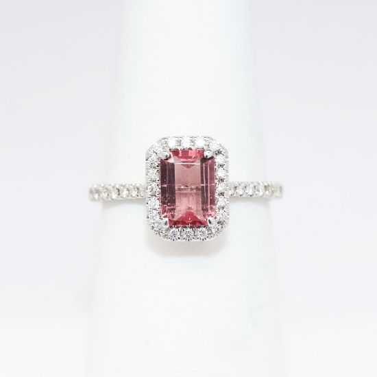 Picture of 14k White Gold, Diamond & Emerald Cut Pink Tourmaline Ring
