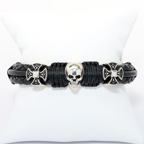 Picture of AXION Black Leather Men's Bracelet with Sterling Silver Skull & Maltese Cross Beads