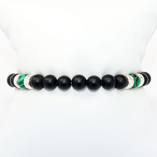 Picture of AXION Black Onyx, Malachite & Sterling Silver Men's Beaded Bracelet