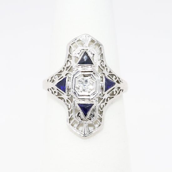 Picture of Art Deco Era 18k White Gold Filigree, Diamond & Synthetic Sapphire Ring