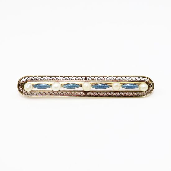 Picture of Antique 14k Gold Filigree, Seed Pearl & Blue Guilloche Enameled Bar Brooch