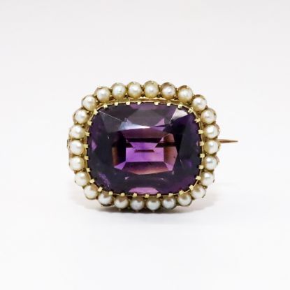 Picture of Antique Victorian Era 15k Yellow Gold & Cushion Cut Amethyst Brooch with Pearl Halo