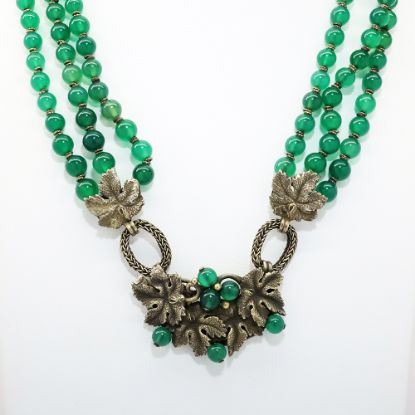 Picture of Art Deco Era Triple Strand Beaded Chrysoprase Necklace with Gilt Silver Leaf Accents