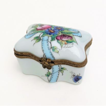 Picture of Vintage Traditional Casket Style Limoges Trinket Box With Flower, Ribbon & Insect Motif.