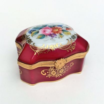 Picture of Vintage Traditional Style Limoges Porcelain Burgundy Casket/Trinket Box With Floral Motif