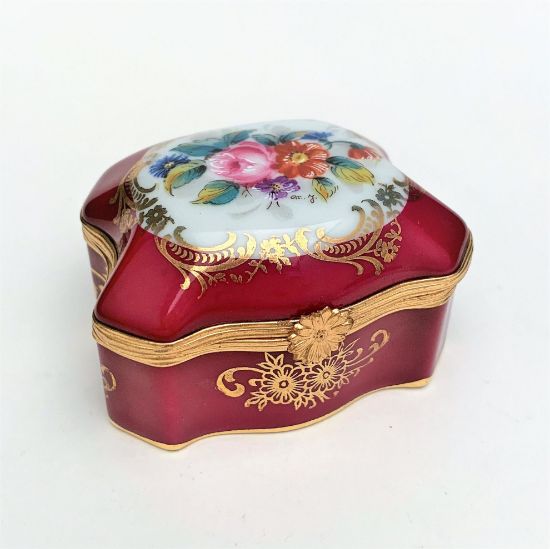 Picture of Vintage Traditional Style Limoges Porcelain Burgundy Casket/Trinket Box With Floral Motif