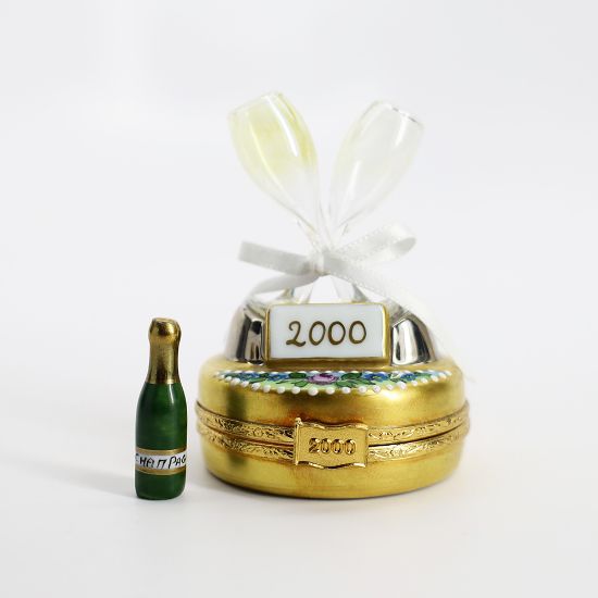 Picture of Limoges Porcelain Retired Pair Of Champagne Toasting Flutes Trinket Box with Surprise Champagne Bottle 