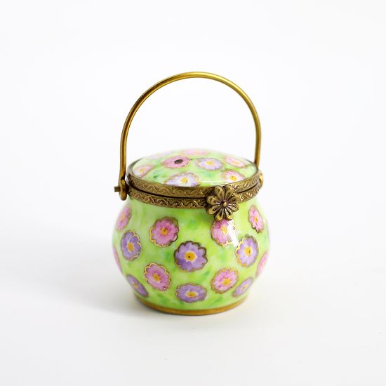 Picture of Retired Limoges Porcelain Lidded Lunch Pail Trinket Box with Floral Motif by Parry Vieille