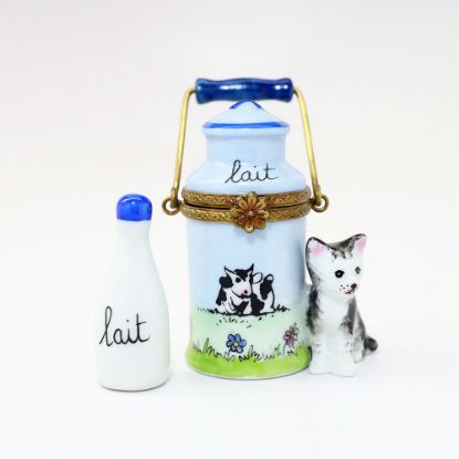 Picture of Retired Limoges Porcelain Cat with Milk Can & Surprise Milk Bottle Trinket Box by Perry Vieille