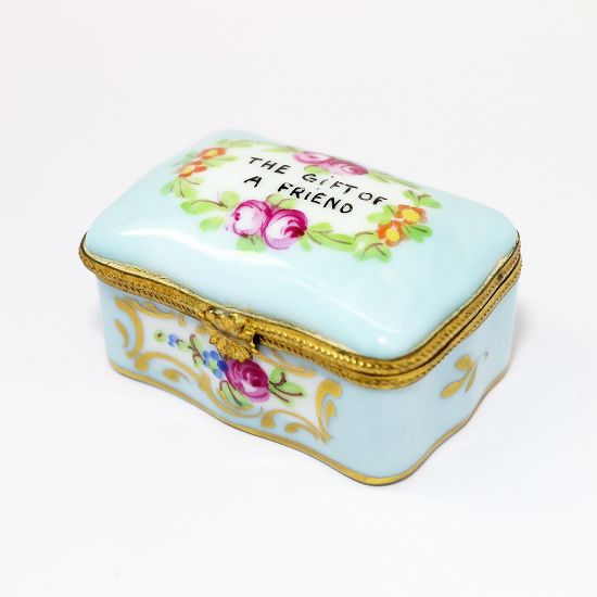 Picture of  Vintage Limoges Porcelain 'The Gift Of A Friend' Blue & Floral Motif Trinket Box