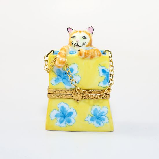 Picture of Limoges Porcelain Cat in Shopping Bag Trinket Box by Artoria