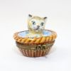 Picture of  Retired Limoges Porcelain Tabby Cat with Pink Bow in Basket Trinket Box