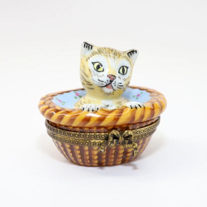 Picture of  Retired Limoges Porcelain Tabby Cat with Pink Bow in Basket Trinket Box