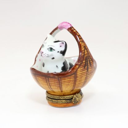 Picture of Limoges Porcelain Black & White Cat in Basket Trinket Box by Parry Vieille