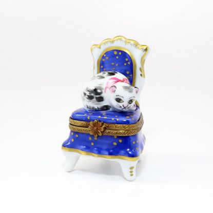 Picture of Limoges Porcelain Cat Sleeping on Blue Chair Trinket Box by Rochard
