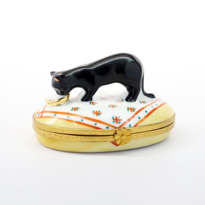 Picture of Limoges Porcelain Black Cat Drinking Milk from a Saucer Trinket Box by Artoria
